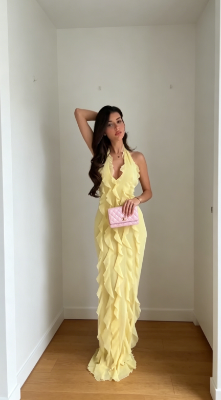 Elegantes gelbes Neckholder-Scheidenkleid aus Chiffon für Hochzeitsgäste, langes Abendkleid DP05695