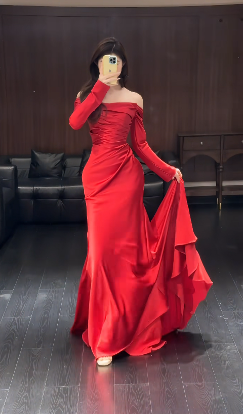 Elegant Burgundy Prom Dress Off-shoulder Sheath Satin Long Evening Dress DP05696
