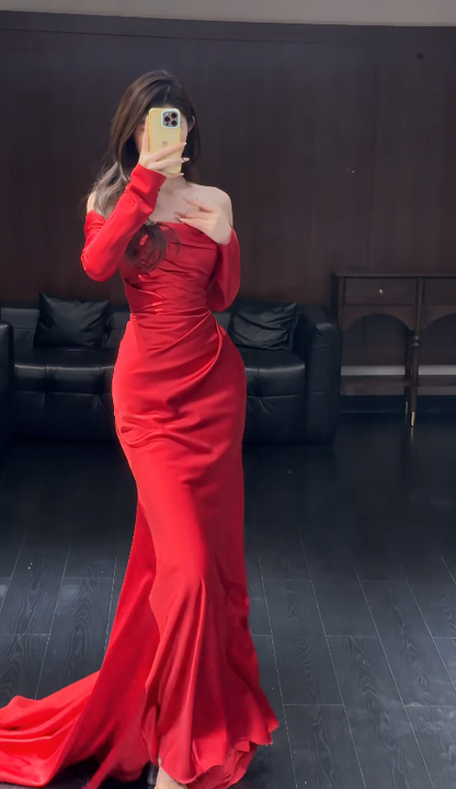 Elegant Burgundy Prom Dress Off-shoulder Sheath Satin Long Evening Dress DP05696
