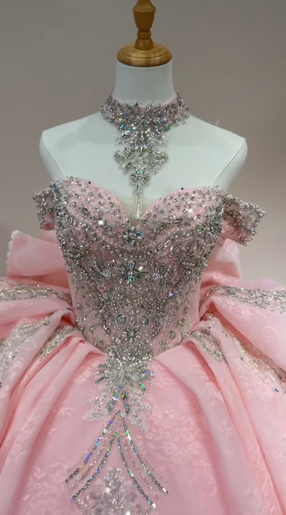Gorgeous Off-shoulder Ball Gown Quinceanera Dress Tulle beaded Pink Sweet 16 Dress DP05708