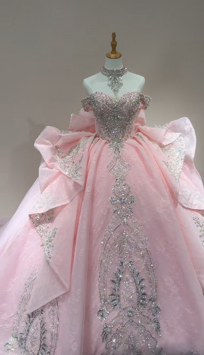 Gorgeous Off-shoulder Ball Gown Quinceanera Dress Tulle beaded Pink Sweet 16 Dress DP05708