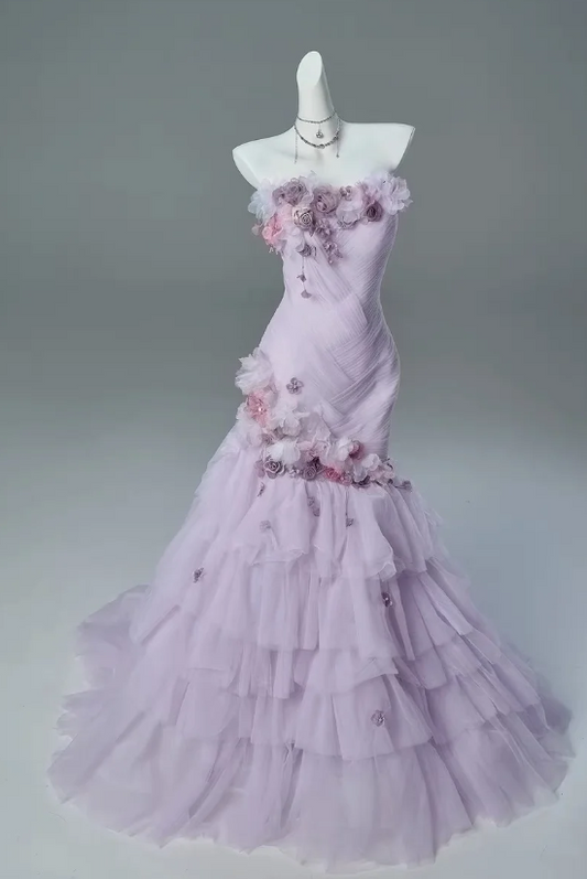 Gorgeous Strapless Sheath Quinceanera Dress Tulle Applique Purple Sweet 16 Dress DP05709