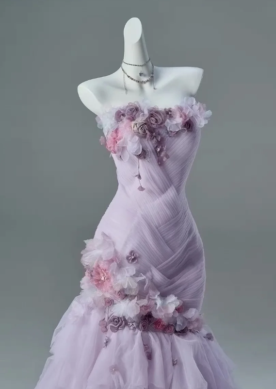 Gorgeous Strapless Sheath Quinceanera Dress Tulle Applique Purple Sweet 16 Dress DP05709