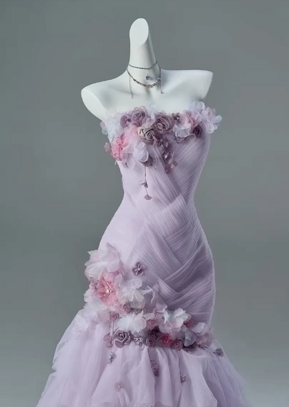 Gorgeous Strapless Sheath Quinceanera Dress Tulle Applique Purple Sweet 16 Dress DP05709