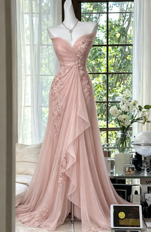Elegantes rosa Hochzeitsgastkleid, Sweetheart-Scheide, Perlenstickerei, Chiffon, langes Abendkleid DP05712