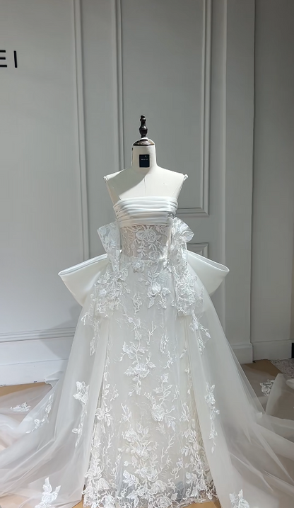 Elegant White Wedding Dress Strapless A-Line Bridal Gown Appliques Tulle Bridal Dress  DP05716