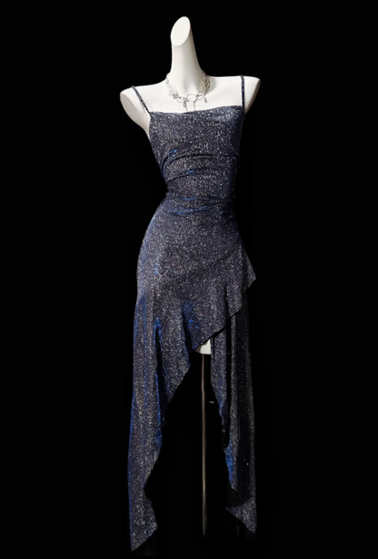 Simple Spaghetti Straps Sheath Satin Long Evening Dress Navy Blue Prom Dress DP05723