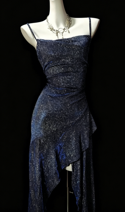 Simple Spaghetti Straps Sheath Satin Long Evening Dress Navy Blue Prom Dress DP05723
