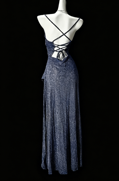 Simple Spaghetti Straps Sheath Satin Long Evening Dress Navy Blue Prom Dress DP05723