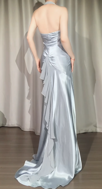 Simple Robe de soirée longue en satin fourreau à licou gris Robe de bal DP05726
