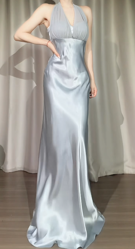 Simple Robe de soirée longue en satin fourreau à licou gris Robe de bal DP05726