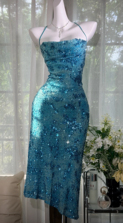 Chic Spaghetti Straps Sheath Chiffon Beaded Long Evening Dress Blue Prom Dress DP05730
