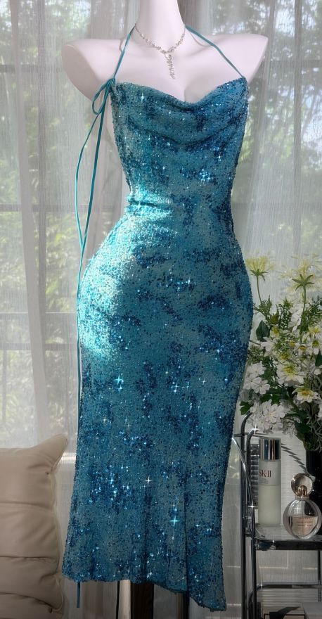 Chic Spaghetti Straps Sheath Chiffon Beaded Long Evening Dress Blue Prom Dress DP05730