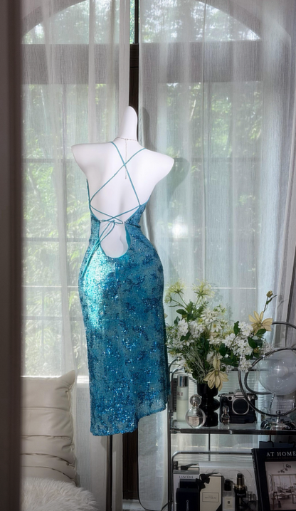 Chic Spaghetti Straps Sheath Chiffon Beaded Long Evening Dress Blue Prom Dress DP05730