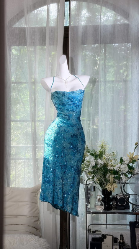 Chic Spaghetti Straps Sheath Chiffon Beaded Long Evening Dress Blue Prom Dress DP05730
