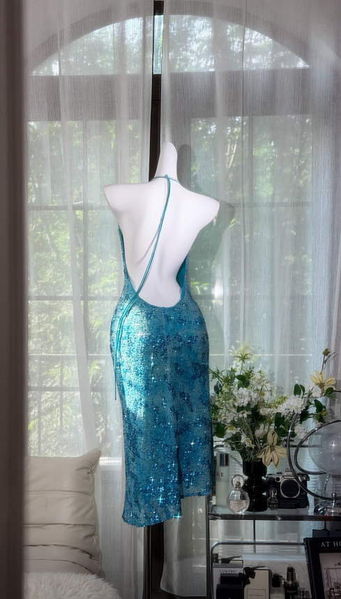 Chic Spaghetti Straps Sheath Chiffon Beaded Long Evening Dress Blue Prom Dress DP05730
