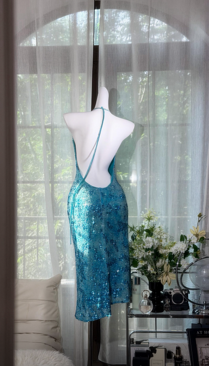 Chic Spaghetti Straps Sheath Chiffon Beaded Long Evening Dress Blue Prom Dress DP05730