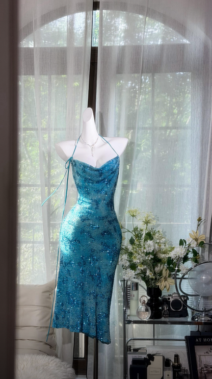 Chic Spaghetti Straps Sheath Chiffon Beaded Long Evening Dress Blue Prom Dress DP05730