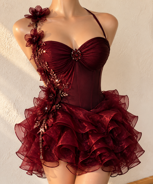 Chic Halter Sheath Short Cocktail Dress Tulle Party Dress Burgundy Birthday Dress DP05735