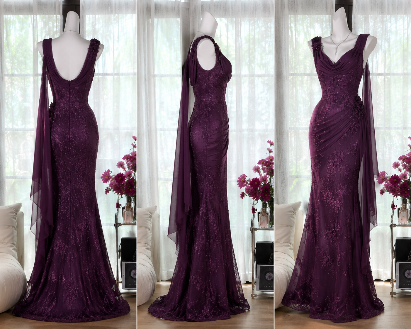 Glam Purple Prom Dress Straps Sheath Chiffon Beaded Long Evening Dress DP05737