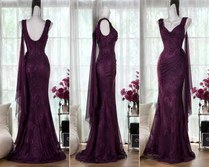 Glam Purple Prom Dress Straps Sheath Chiffon Beaded Long Evening Dress DP05737