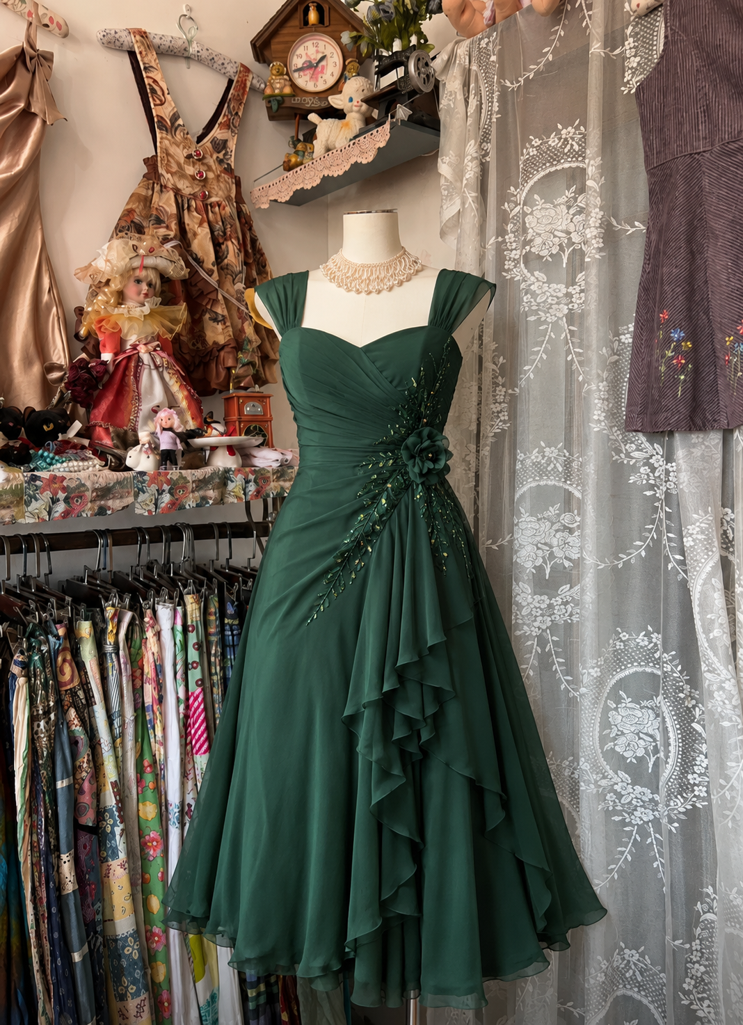 Chic Strap A-Line Short Cocktail Dress Chiffon Party Dress Dark Green Birthday Dress DP05748
