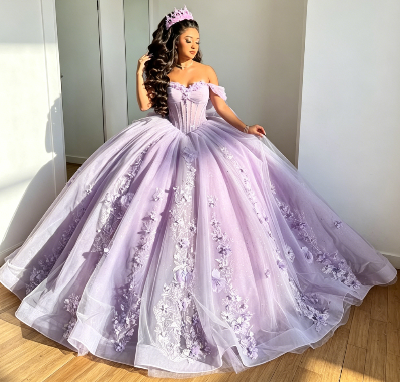 Fairy Off-shoulder Ball Gown Quinceanera Dress Tulle Applique Lavender Sweet 16 Dress DP05748