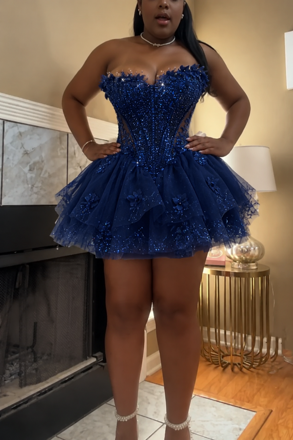 Chic Sweetheart A-Line Short Cocktail Dress Tulle Beaded Party Dress Navy Blue Birthday Dress DP05750