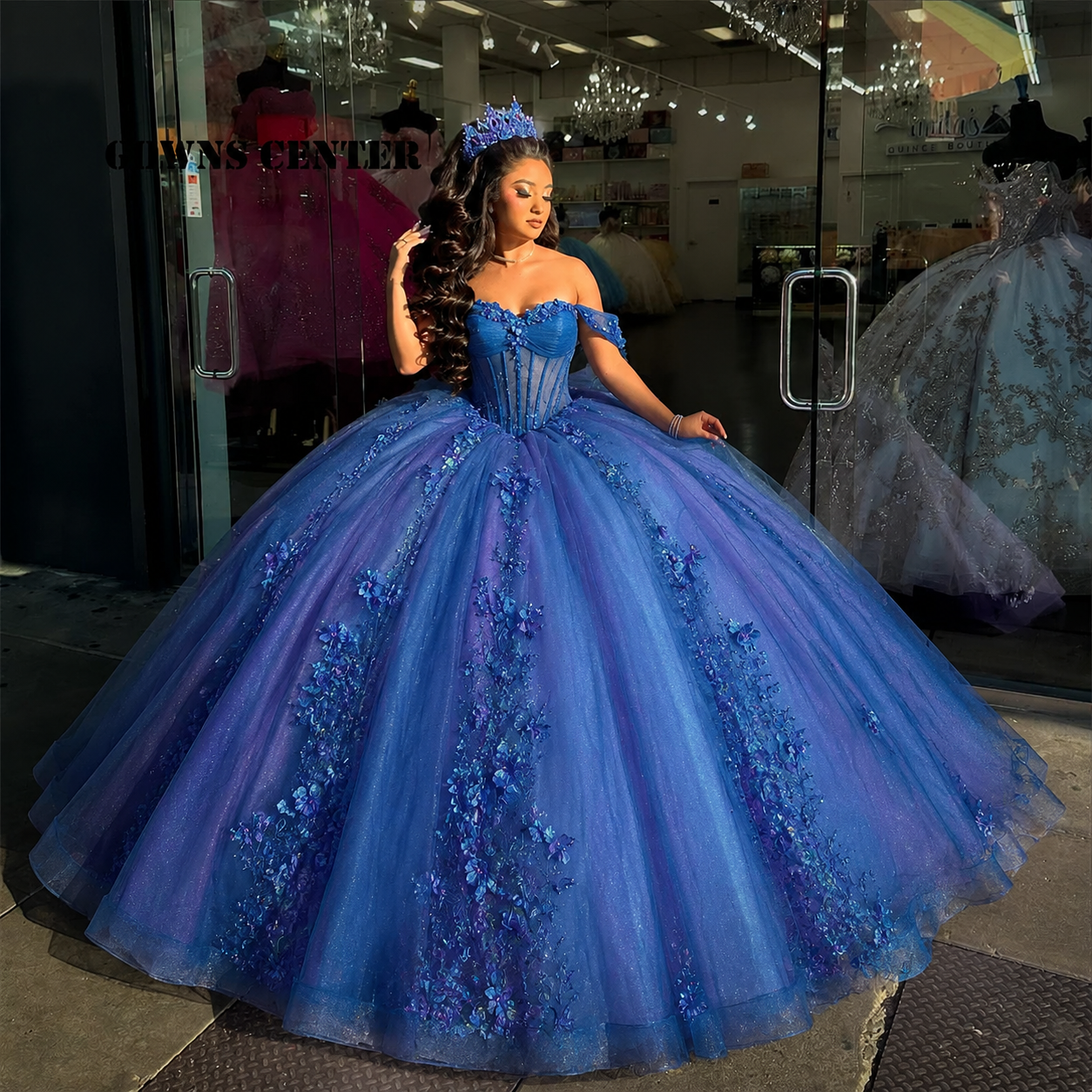 Feenhaftes schulterfreies Ballkleid Quinceañera-Kleid Tüll-Applikationen Blau Sweet 16 Kleid DP05752