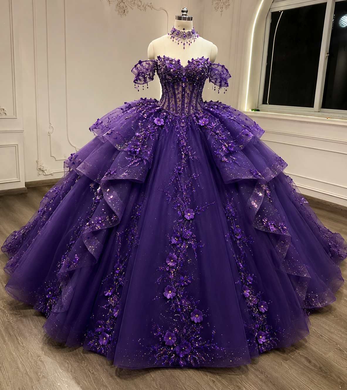 Fairy Off-shoulder Ball Gown Quinceanera Dress Tulle Appliques Purple Sweet 16 Dress DP05754