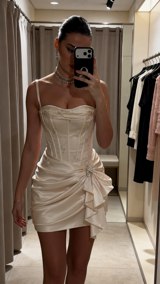 Chic Spaghetti Straps Birthday Dress Sheath Satin Champagne Homecoming Dress DP05759