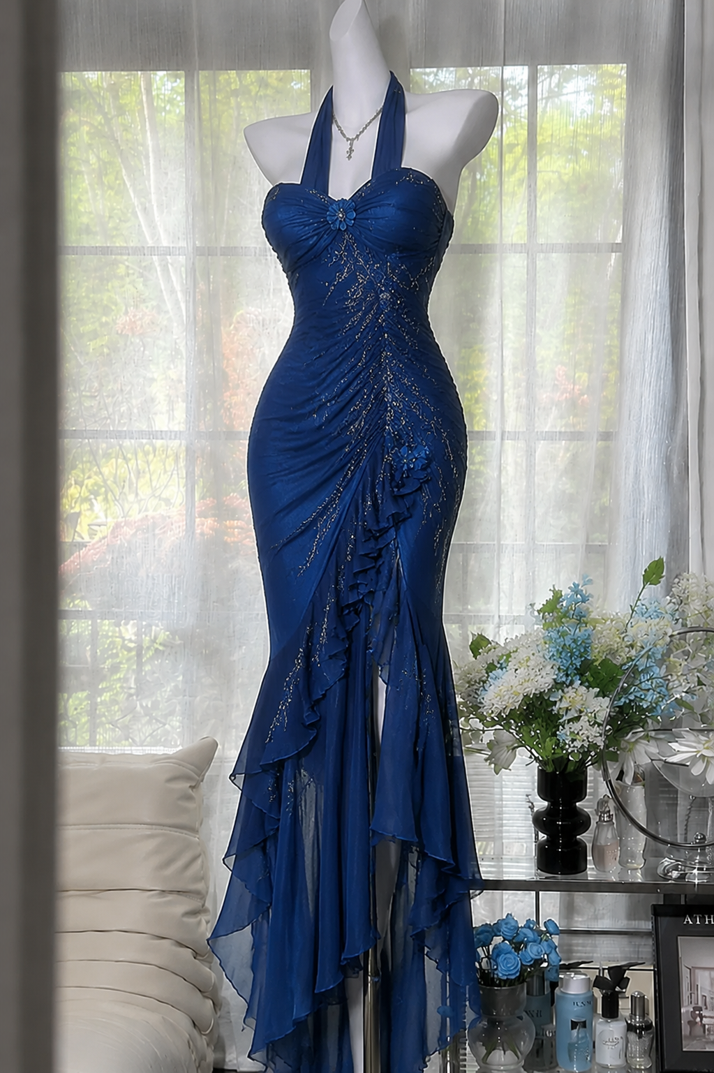 Classy Blue Evening Dress Halter Sheath Chiffon Beaded Long Formal DressDP05761