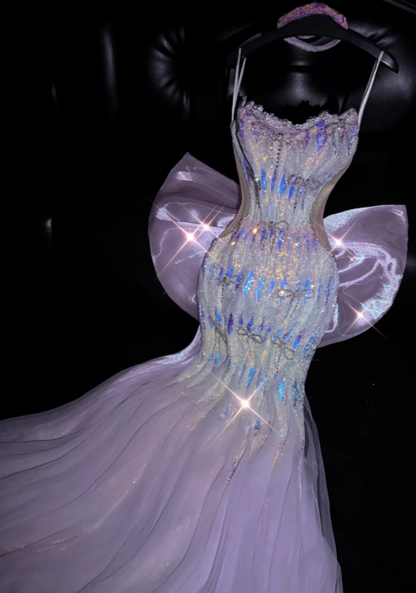 Elegantes lila Abendkleid aus Tüll, Meerjungfrauen-Stil, mit Pailletten, langes Ballkleid DP05766