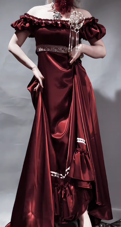 Classy Burgundy Birthday Dress Off-shoulder Imperial Satin Long Evening Dress DP05771