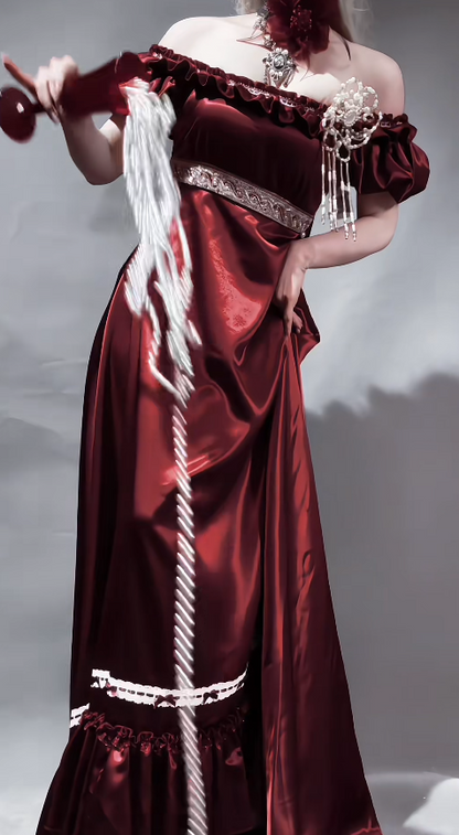 Classy Burgundy Birthday Dress Off-shoulder Imperial Satin Long Evening Dress DP05771