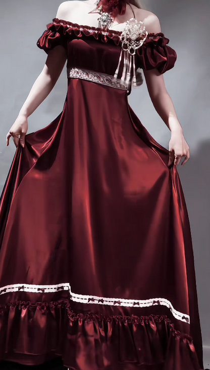 Classy Burgundy Birthday Dress Off-shoulder Imperial Satin Long Evening Dress DP05771