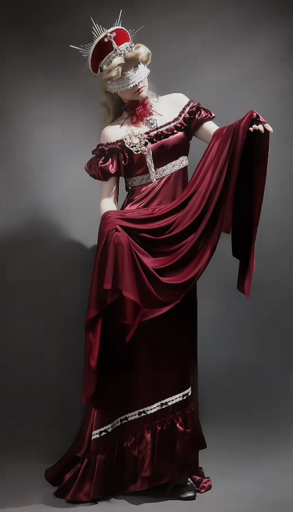 Classy Burgundy Birthday Dress Off-shoulder Imperial Satin Long Evening Dress DP05771