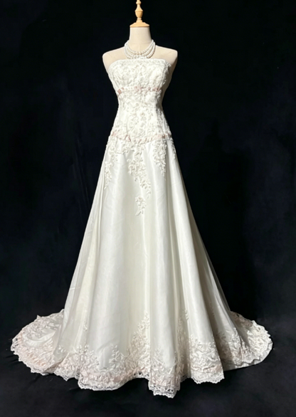 Classy White Prom Dress, Strapless A-Line Satin Applique Long Evening Dress DP05774