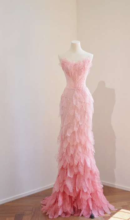 Classy Pink Prom Dress, Strapless Mermaid Tulle Applique Long Evening Dress DP05775
