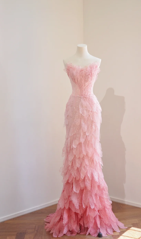 Classy Pink Prom Dress, Strapless Mermaid Tulle Applique Long Evening Dress DP05775
