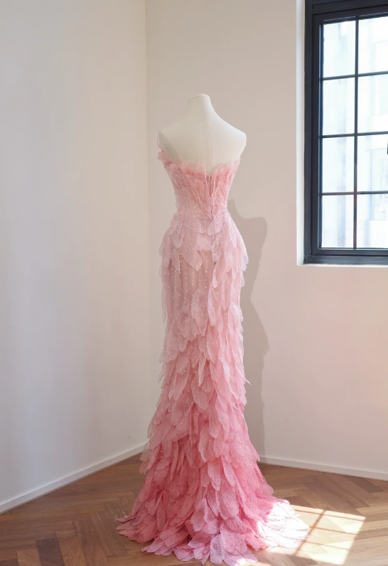 Classy Pink Prom Dress, Strapless Mermaid Tulle Applique Long Evening Dress DP05775