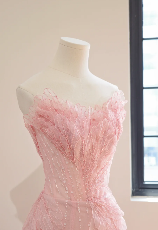 Classy Pink Prom Dress, Strapless Mermaid Tulle Applique Long Evening Dress DP05775