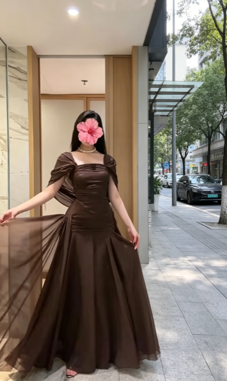 Classy Brown Prom Dress, Square Neck A-Line Chiffon Long Evening Dress DP05776