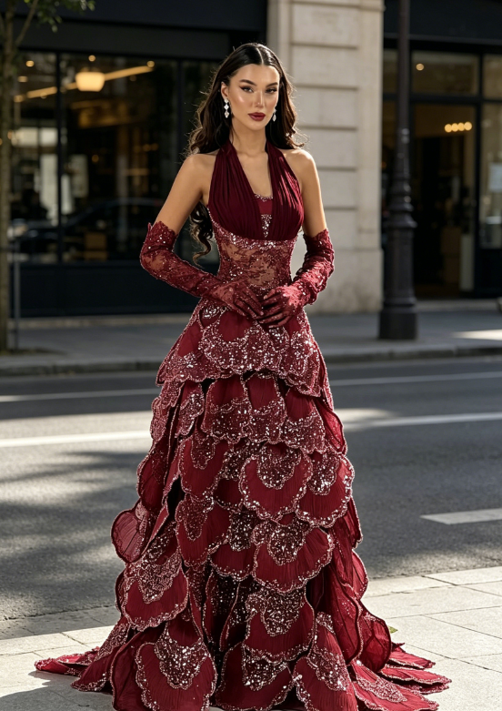 Classy Burgundy Prom Dress, Halter A-Line Sequins Tulle Long Evening Dress DP05777