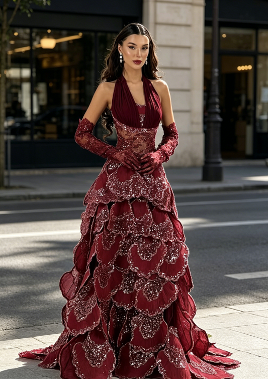 Classy Burgundy Prom Dress, Halter A-Line Sequins Tulle Long Evening Dress DP05777