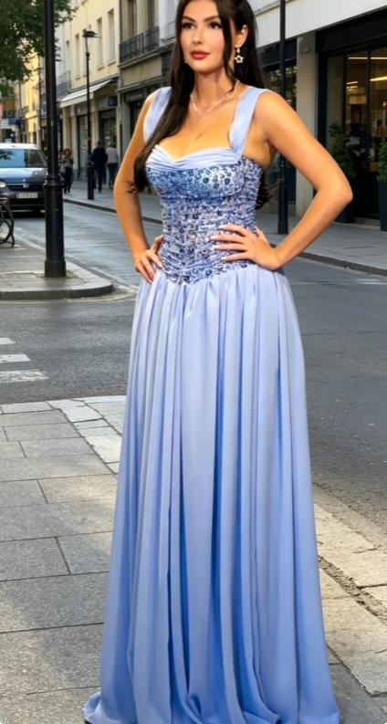 Elegantes blaues Ballkleid, Träger Etui Perlen Chiffon langes Abendkleid DP05778