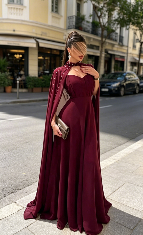 Glamouröses burgunderrotes Hochzeitsgastkleid, Spaghettiträger, A-Linie Chiffon langes Abendkleid DP05779