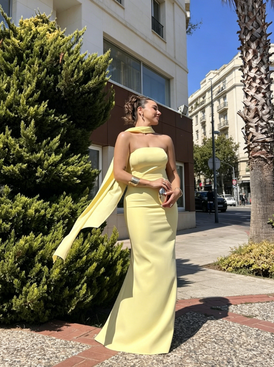Glamouröses gelbes Hochzeitsgastkleid, trägerloses Etui-Abendkleid aus Chiffon, lang DP05780