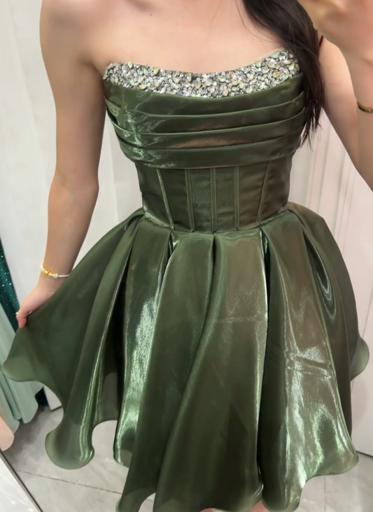 Robe d'anniversaire Glamour Vert, Robe de cocktail bustier coupe A en satin pour le bal de promo DP05788