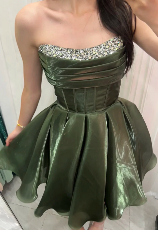 Robe d'anniversaire Glamour Vert, Robe de cocktail bustier coupe A en satin pour le bal de promo DP05788